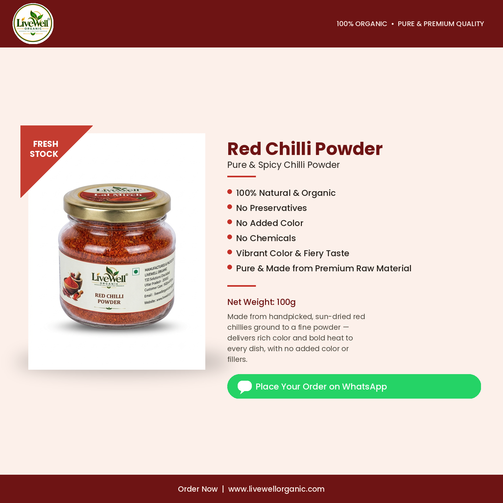 LiveWell Organic Red Chilli Powder — 100 g